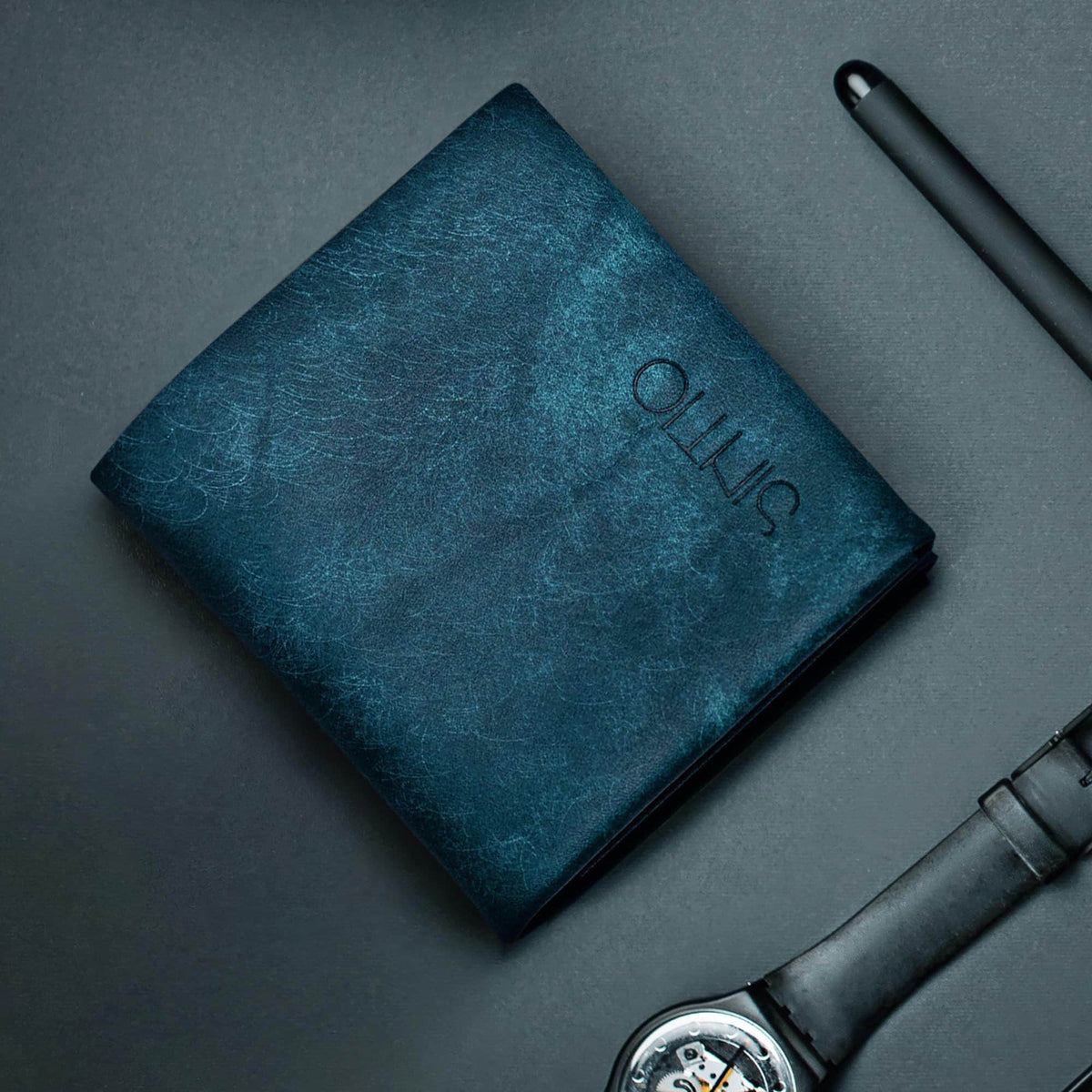 Geldbörse Leder Unisex ORIGAMI-Technik Ozeanblau M02