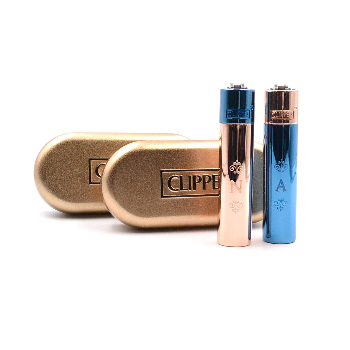 Clipper mit Monogramm graviert Pärchenset Farbe Rosè und Blau personalisiert