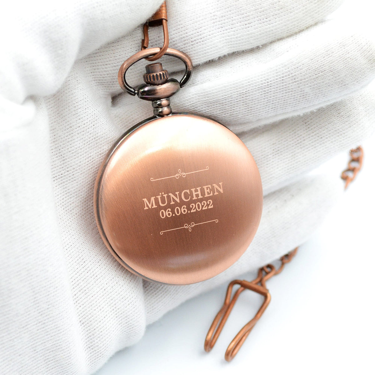 Taschenuhr graviert Farbe Kupfer Uhr personalisiert zur Kommunion Taschenuhr mit Wunschgaravur
