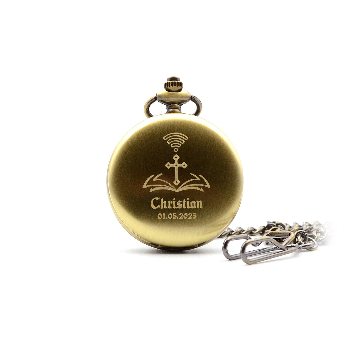 Taschenuhr mit Gravur personalisiertes Geschenk zur Taufe Firmung oder Kommunion Farge Altgold