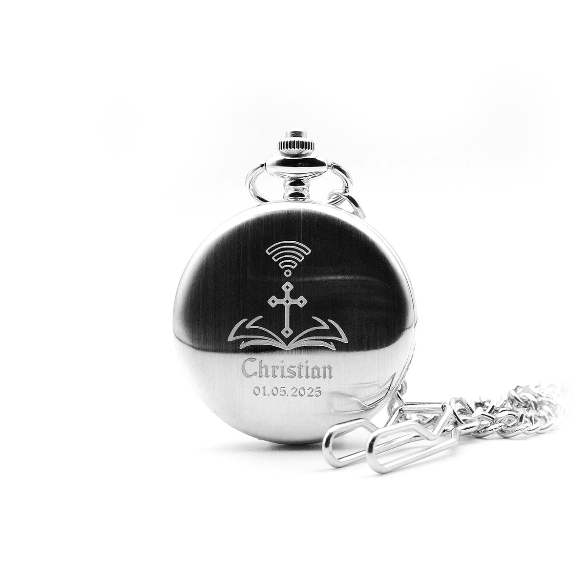 Taschenuhr mit Gravur personalisiertes Geschenk zur Taufe Firmung oder Kommunion Farge Silber gebürstet