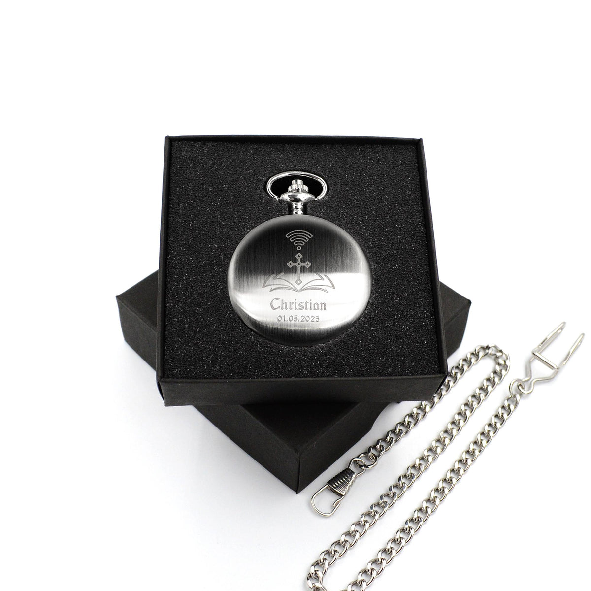 Taschenuhr mit Gravur personalisiertes Geschenk zur Taufe Firmung oder Kommunion Farge Silber gebürstet