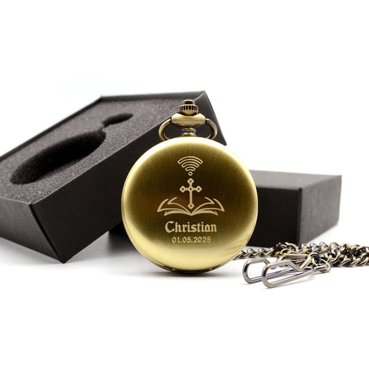 Taschenuhr mit Gravur personalisiertes Geschenk zur Taufe Firmung oder Kommunion Farge Altgold
