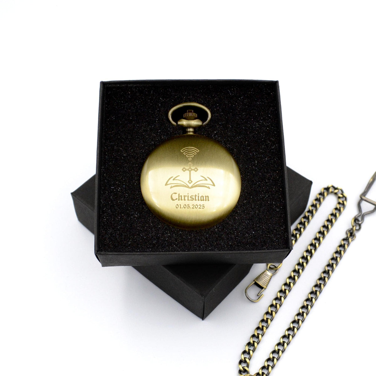 Taschenuhr mit Gravur personalisiertes Geschenk zur Taufe Firmung oder Kommunion Farge Altgold