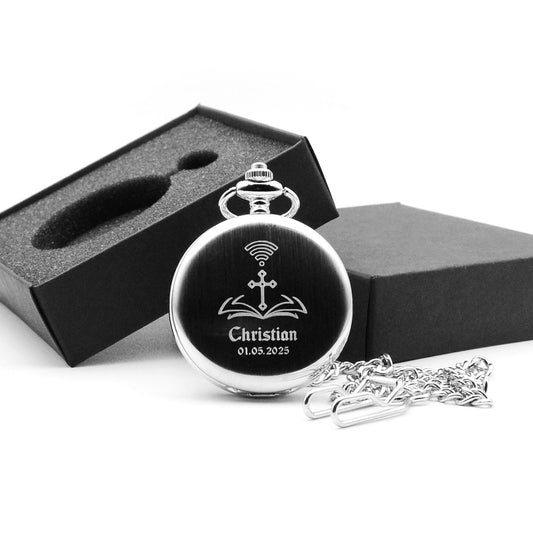Taschenuhr mit Gravur personalisiertes Geschenk zur Taufe Firmung oder Kommunion Farge Silber gebürstet