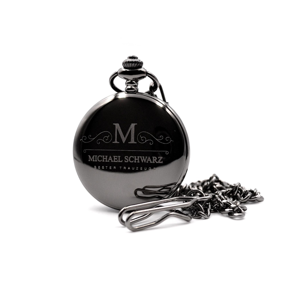 Taschenuhr mit Gravur beidseitig in Farbe Schwarz