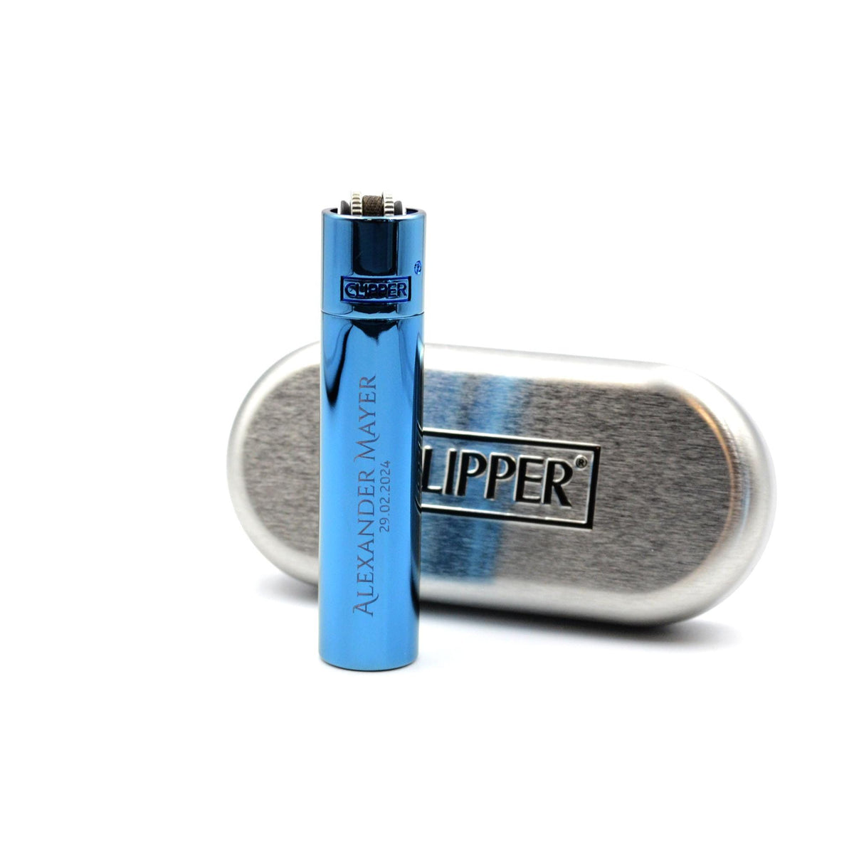 Clipper mit Gravur Farbe Blau glänzend Feuerzeug personalisiert